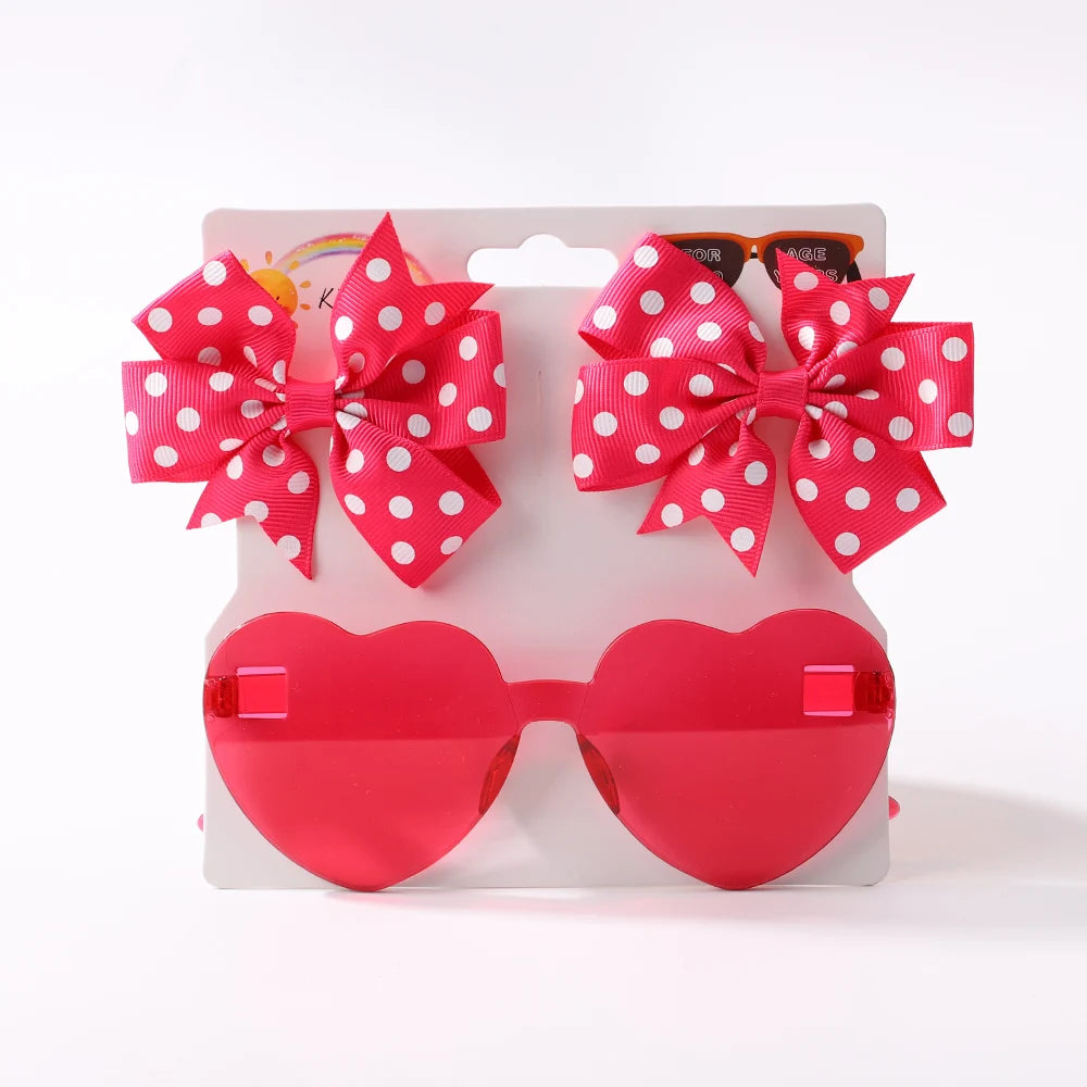 3Pcs/Pack Solid Dot Hair Bows Clip Girls Boutique Bowknot Hair Clips Kids Colorful Heart Sun Glasses Children Hair Accessories toddler photo shoot prop sent without the card packaging