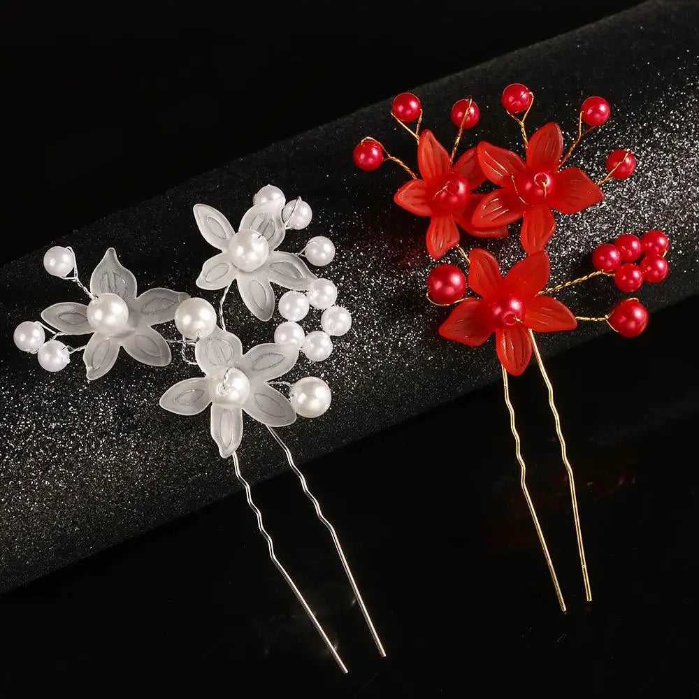 Festival Wedding Accessories Plait Hairpin Hair Jewelry Headdress Bride Hairpin Flower Hairpin Hair Clip pink white red