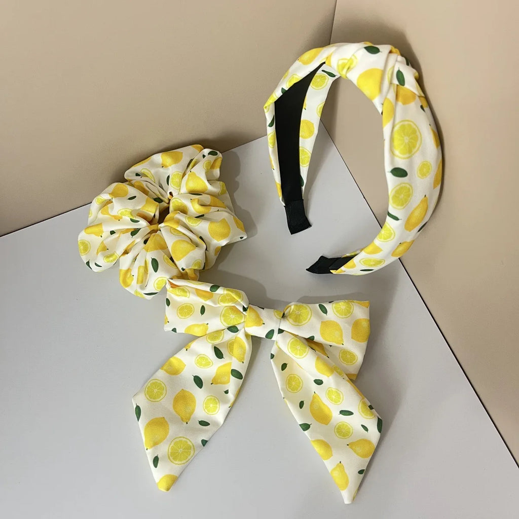 3PCS Fabric Solid Color Flower Fruit Pattern Lemon Orange Cherry Wide Knot Hairband Hair Accessories Set