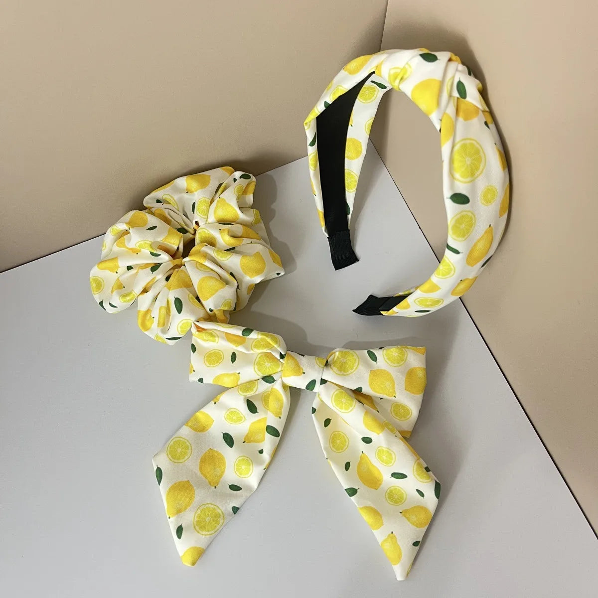 3PCS Fabric Solid Color Flower Fruit Pattern Lemon Orange Cherry Wide Knot Hairband Hair Accessories Set