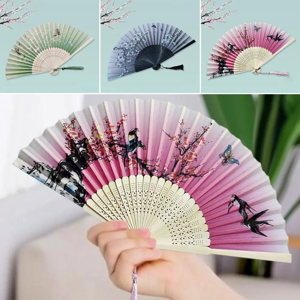 2024 Silk Vintage Folding Fan Colorful Tassel Elegent Hand Fan Hand Fan Bamboo Shank Classical Dance Fan Female