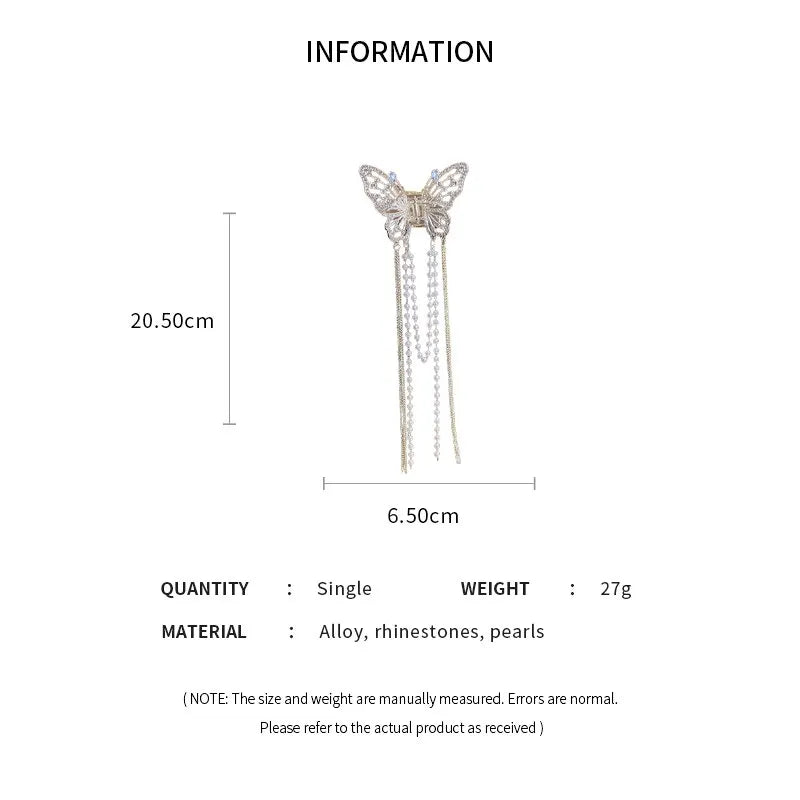 Butterfly Hair Clip With Long Tassel Hair Accessories For Women Elegant Imitation Pearl Rhinestone Shark Hairpins Jewelry K-