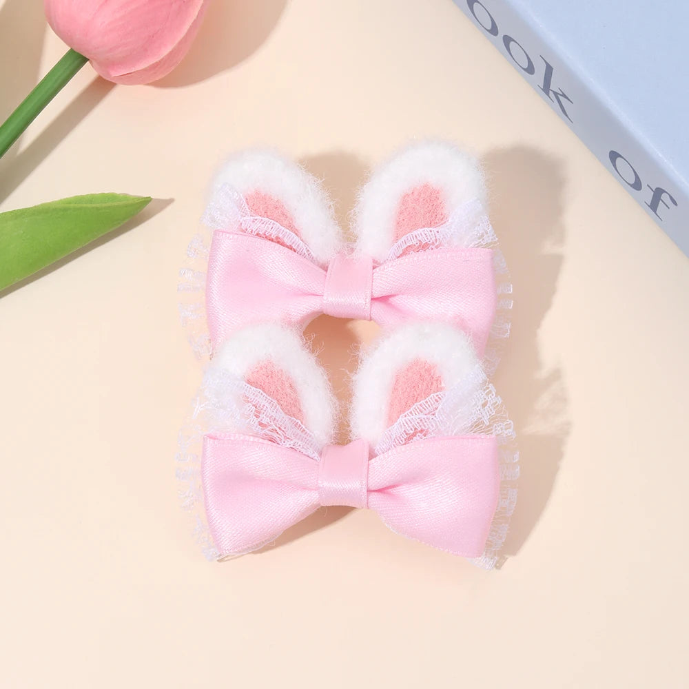 2Pcs Cute Rabbit Ear Bow Hair Clips For Girls Sweet Plush Ear Barrette Children Daily Party Cosplay Headwear Hair Accessories bunny Easter wear spring summer pink blue yellow beautiful  dress up