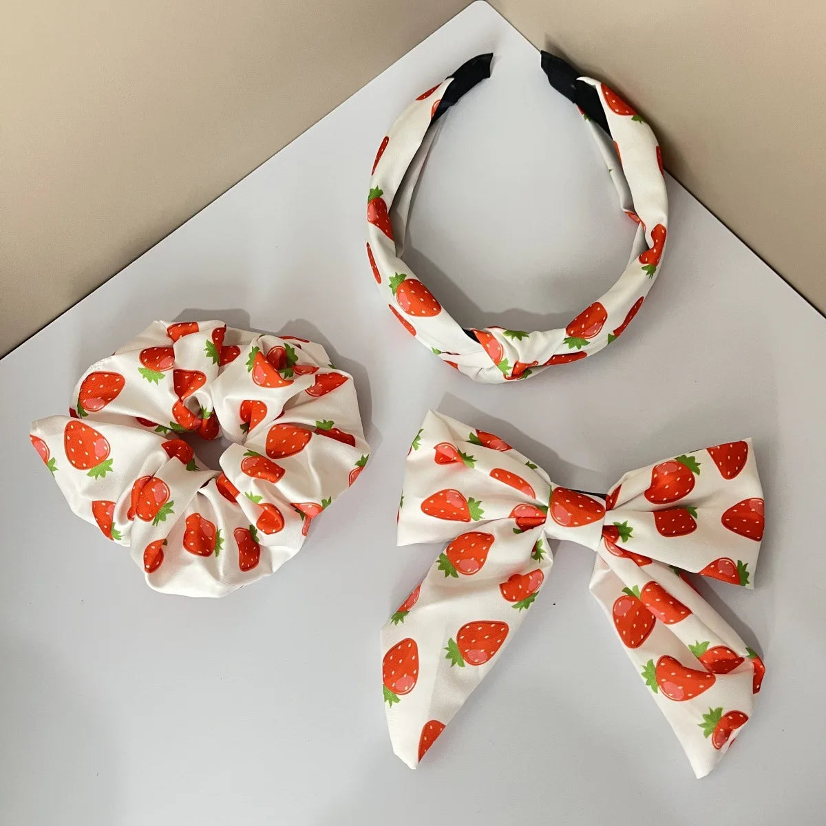 3PCS Fabric Solid Color Flower Fruit Pattern Lemon Orange Cherry Wide Knot Hairband Hair Accessories Set