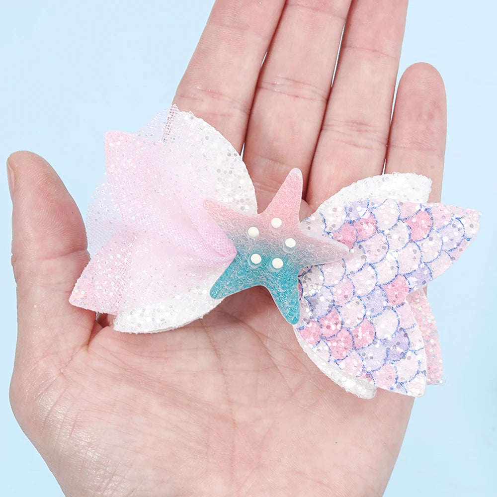 2Pcs Cartoon Mermaid Hair Clips Glitter Bow Hairpin Sparkly Barrette For Girls Children Summer Beach Headdress Hair Accessories