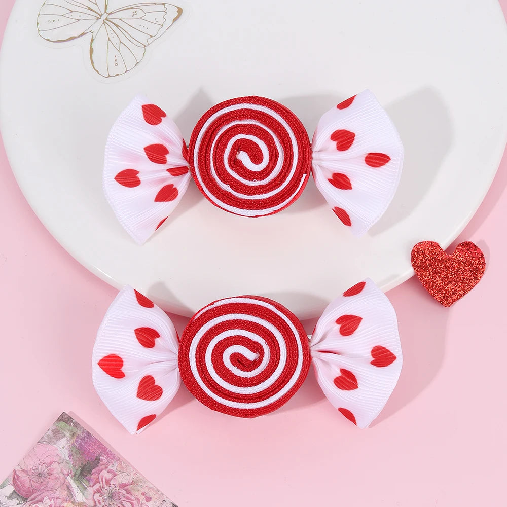 2Pcs Candy Bow Hair Clips Sweet Strawberry Heart Print Hairpins Rainbow Barrette For Girls Kids Children Headwear Accessories