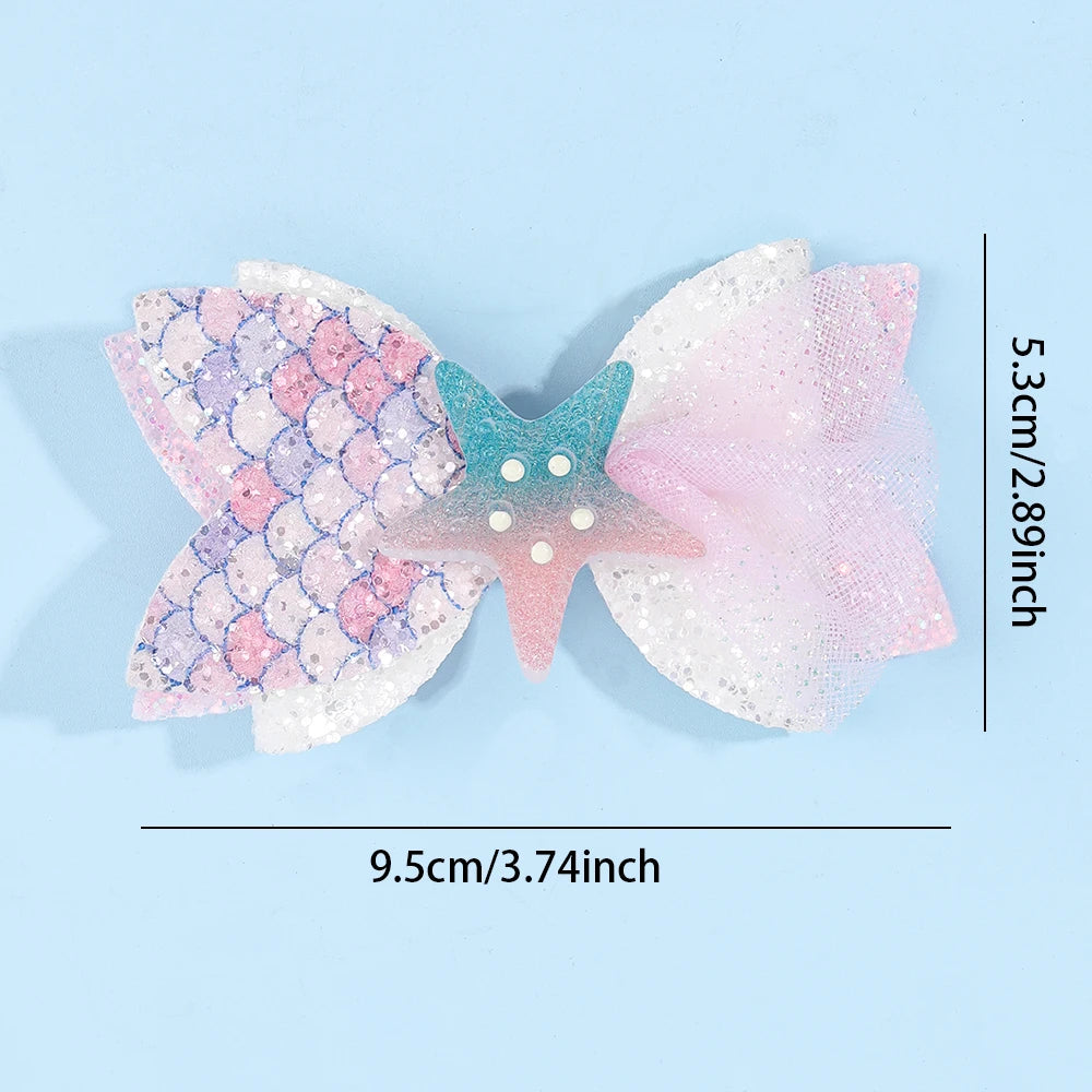 2Pcs Cartoon Mermaid Hair Clips Glitter Bow Hairpin Sparkly Barrette For Girls Children Summer Beach Headdress Hair Accessories