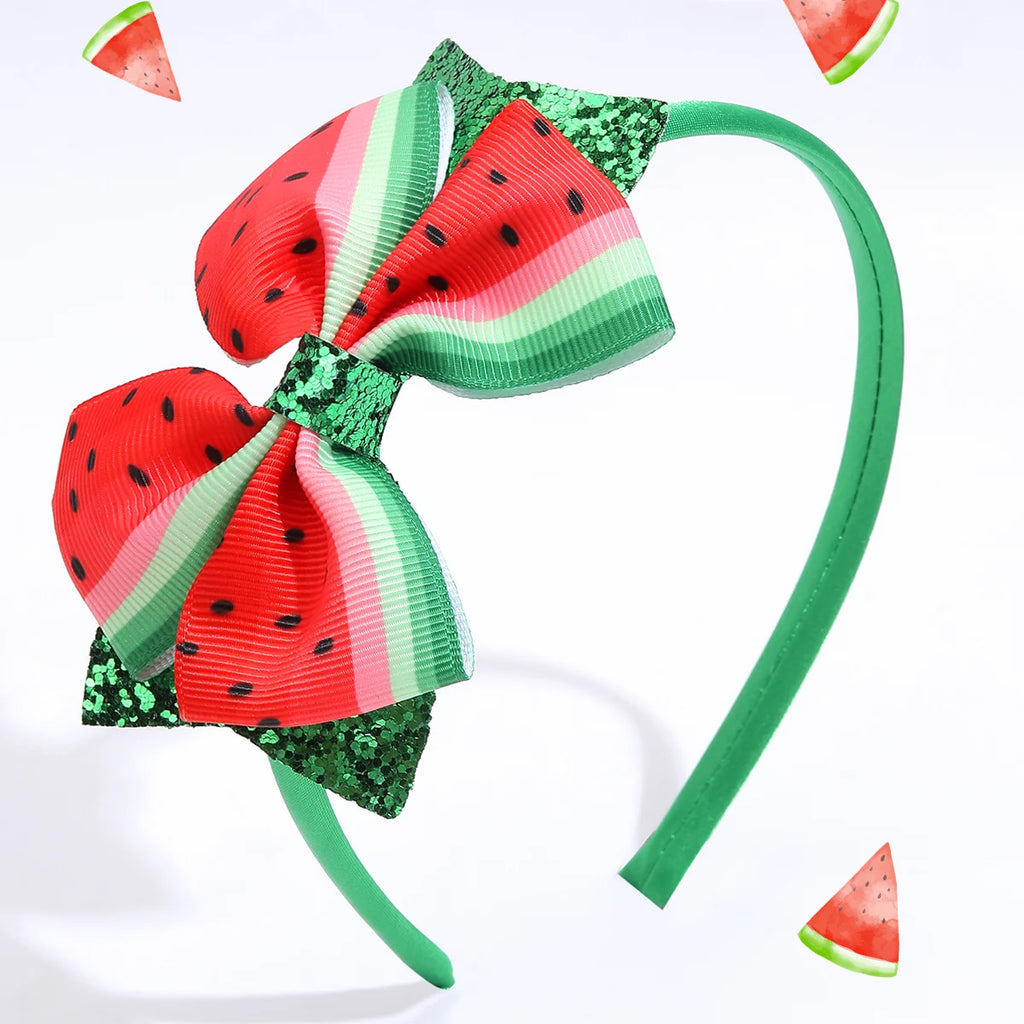 Strawberry Print Headband Glitter Watermelon Elastic Ribbon Bow Hair Bands Children Girls Summer Headwear Headdress Accesories