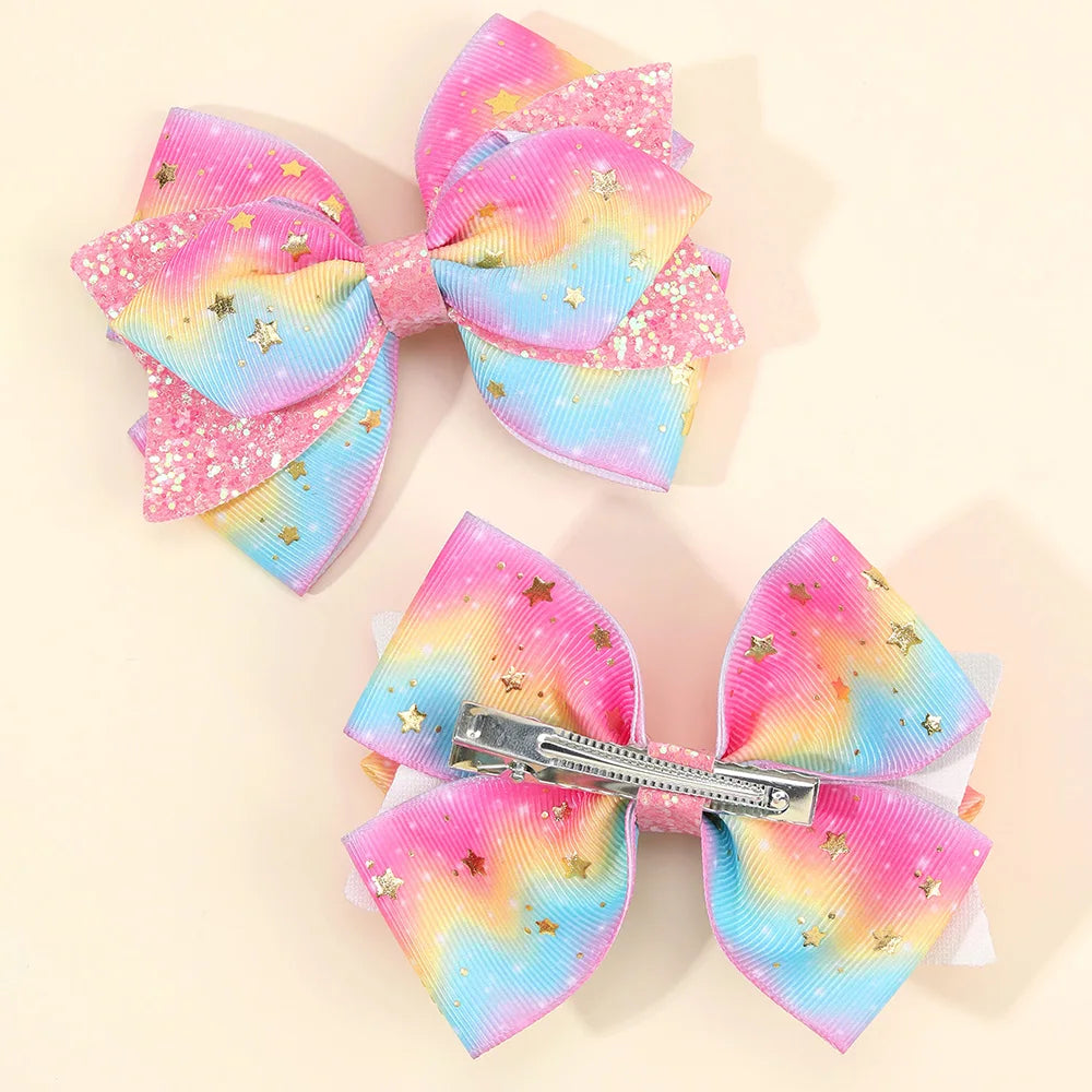 2Pcs Rainbow Star Hair Clips Sweet Glitter Sequin Hairpins New Ribbon Barrette For Girls Children Headwear Hair Accessories Gift party girls