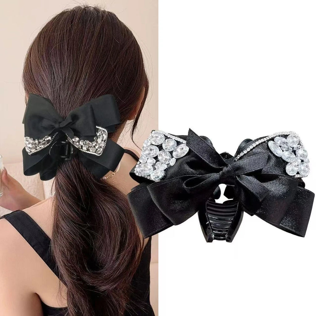 Diamond Satin Black Bow claw clip