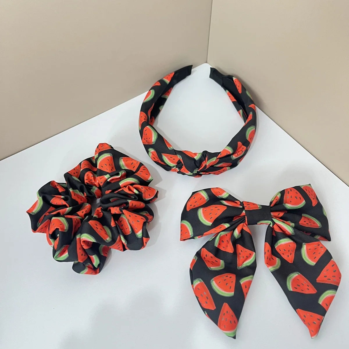 3PCS Fabric Solid Color Flower Fruit Pattern Lemon Orange Cherry Wide Knot Hairband Hair Accessories Set