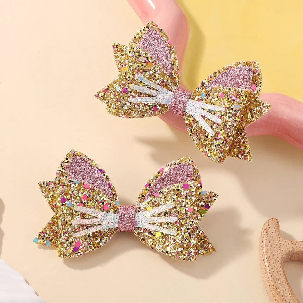 2Pcs/Set Gold pussy Cat Ear Hair Clips for Baby Girls Glitter Cartoon Animal Hairpin Barrettes Lovely Headwear Hair Accessories fancy dress