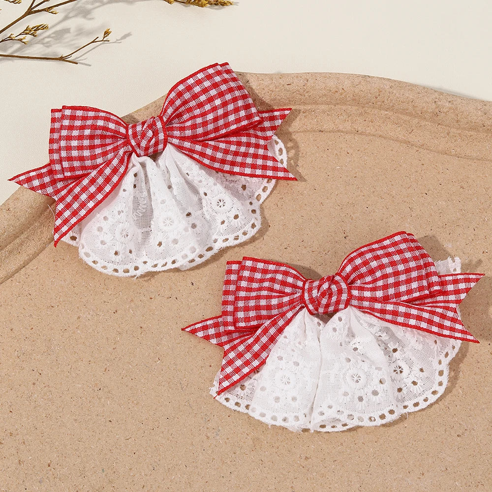 2Pcs New Korean Red Plaid Bow Hair Clips For Girls Cute White Lace Flower Hairpins Sweet Daily Trendy Headwear Hair Accessories