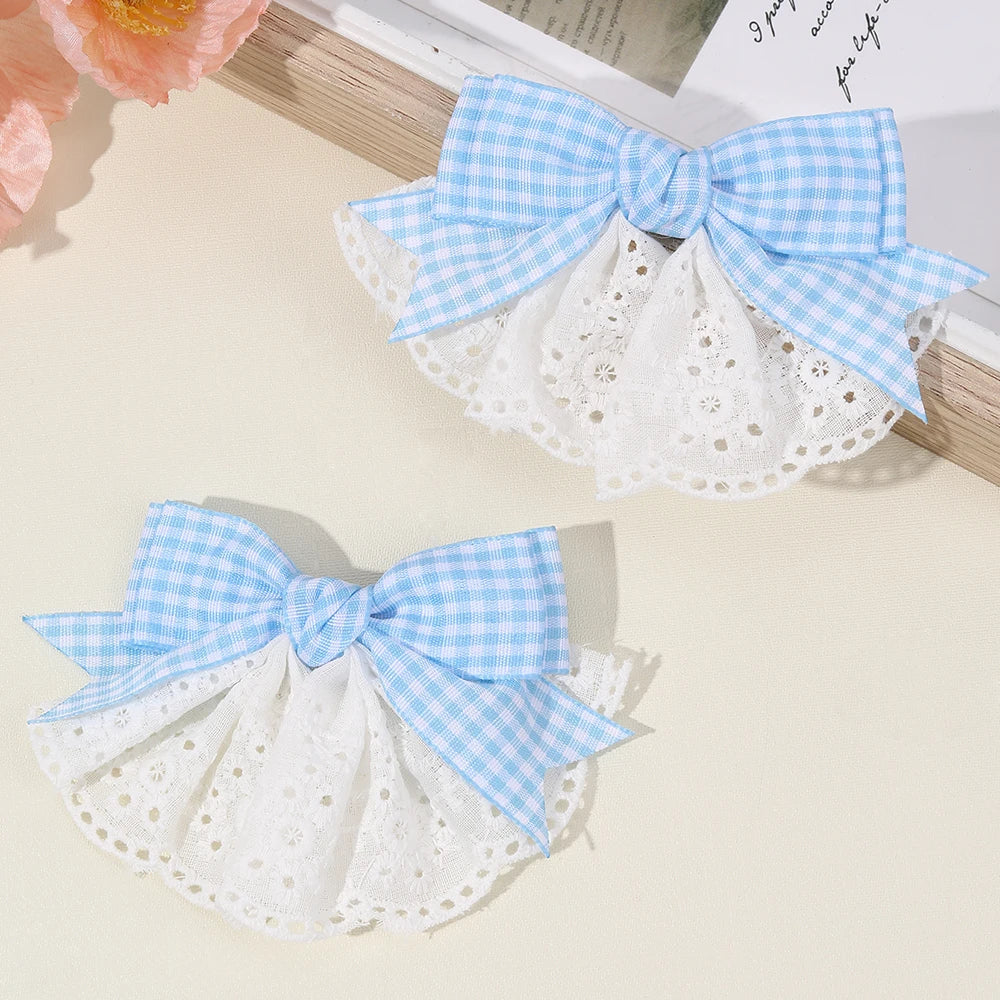 2Pcs New Korean Red Plaid Bow Hair Clips For Girls Cute White Lace Flower Hairpins Sweet Daily Trendy Headwear Hair Accessories