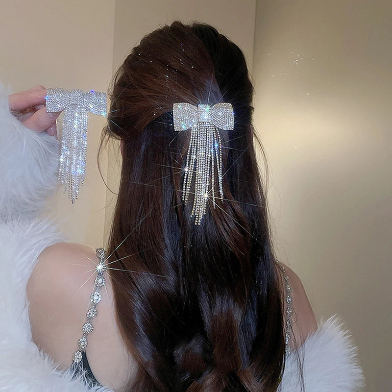 Rhinestone Bow Fringe Hair clip
