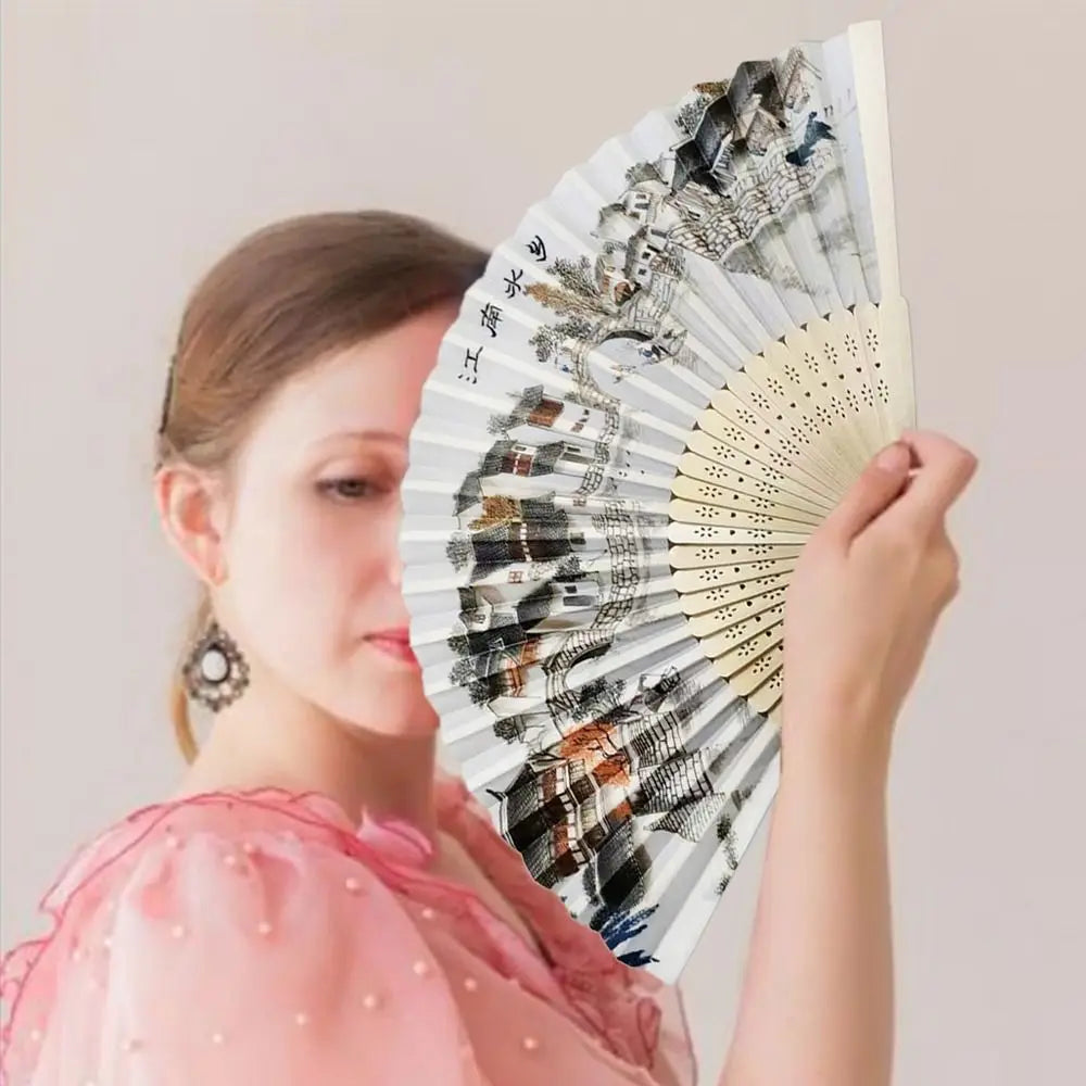 2024 Silk Vintage Folding Fan Colorful Tassel Elegent Hand Fan Hand Fan Bamboo Shank Classical Dance Fan Female