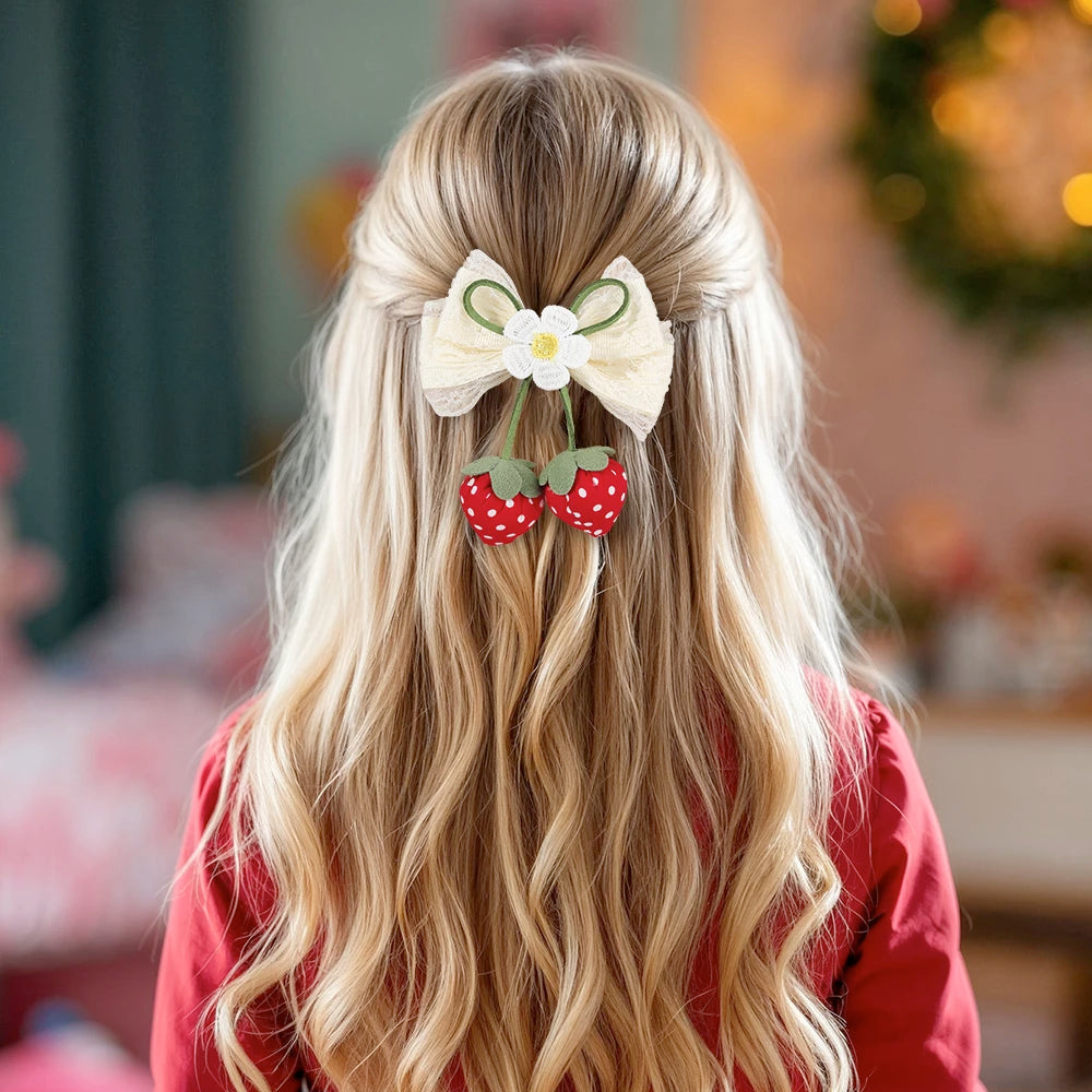 Juicy Strawberry Bow Hair Clips Sweet Flower Lace Ribbon Bownot Hairpins For Girls Children Trendy Cute Headwear Accessories half hair up half down , party holiday cruise