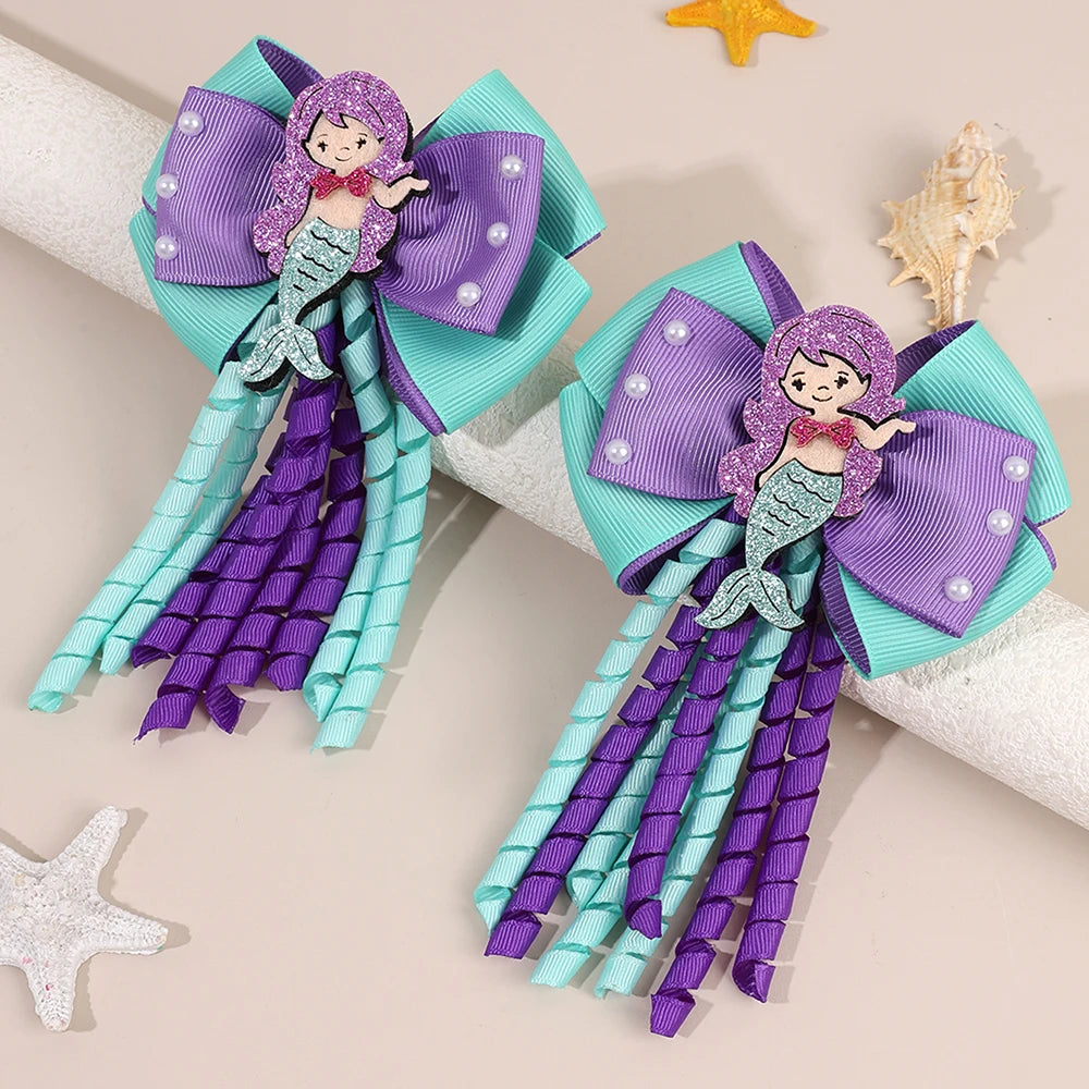 2Pcs Girls Mermaid Bow Hair Clips Cute Cartoon Mermaid Pearls Hairpins Octopus Curled Grosgrain Ribbon Barrette Hair Accessories