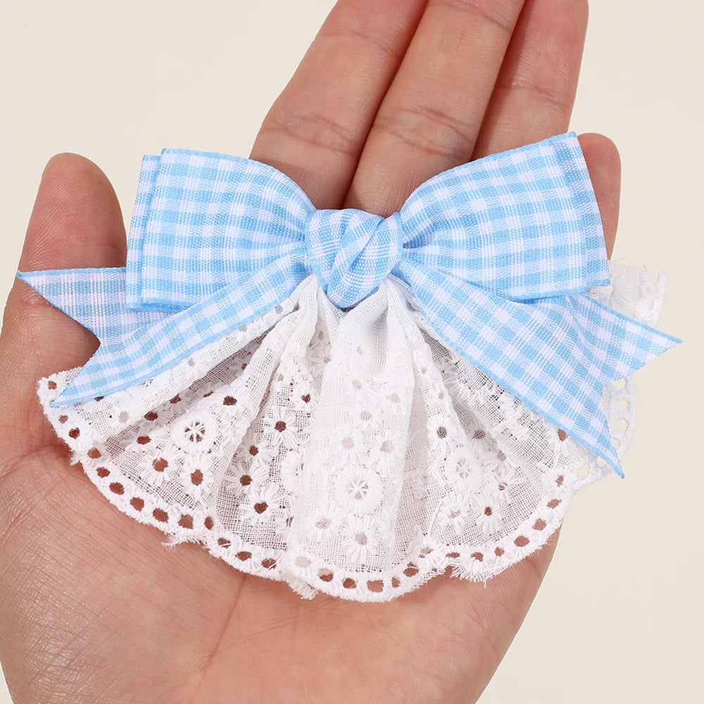 2Pcs New Korean Red Plaid Bow Hair Clips For Girls Cute White Lace Flower Hairpins Sweet Daily Trendy Headwear Hair Accessories