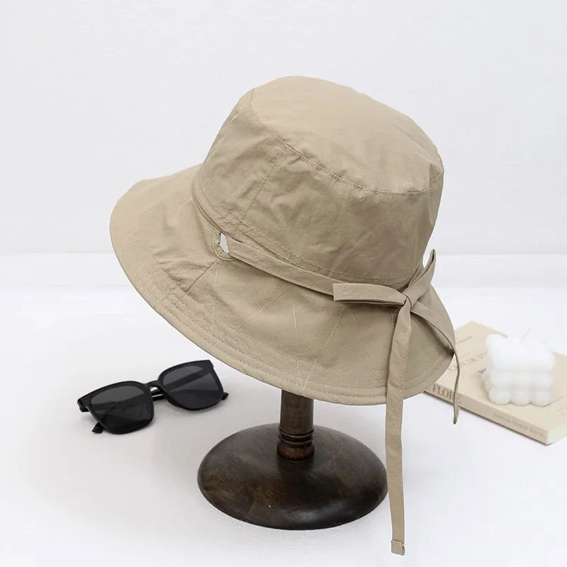 Women Lace-up Bowknot Sunscreen Fisherman Hat Large Brim Summer Anti-UV Strap Bucket Caps Korean Girl Travel Beach Basin Caps