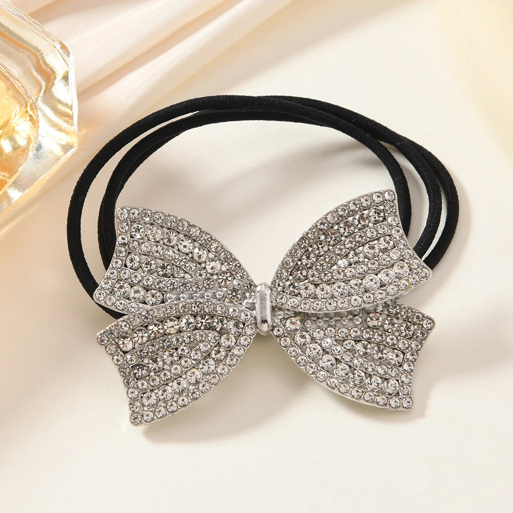 Bow diamond-encrusted alloy retro low ponytail tie hair band, suitable for daily use