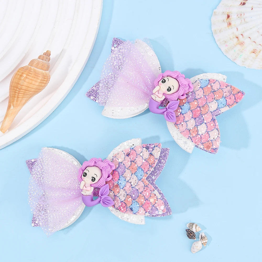 2Pcs Cartoon Mermaid Hair Clips Glitter Bow Hairpin Sparkly Barrette For Girls Children Summer Beach Headdress Hair Accessories