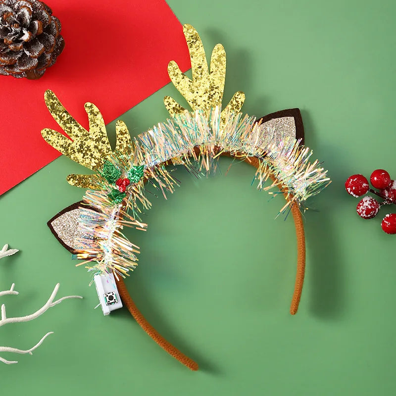 Christmas Candy Cane Headband LED Festive Party Hair Hoop Costume Headwear Glitter Tinsel Hairband Novelty Holiday Photo Prop