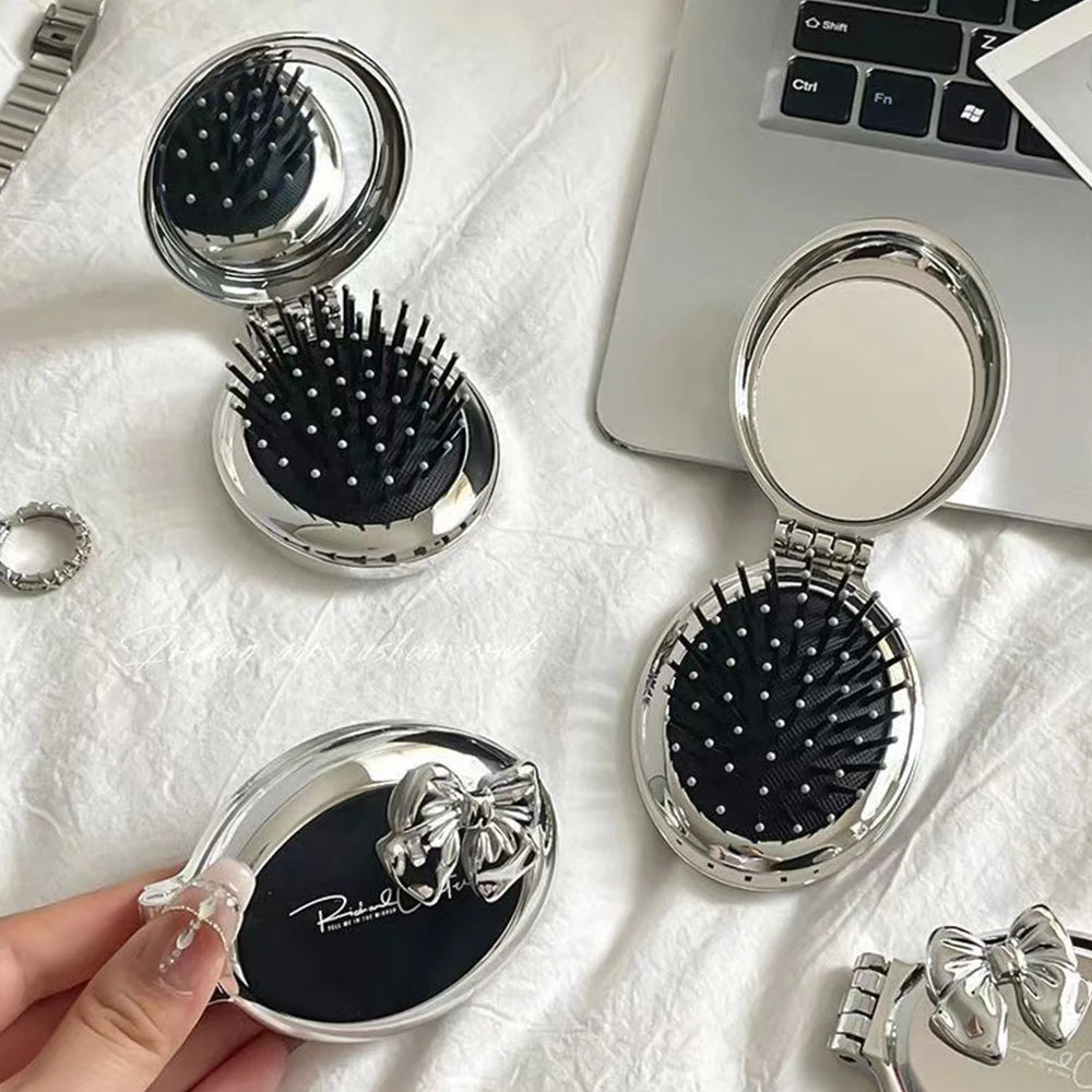 Folding hair brush compact mirror