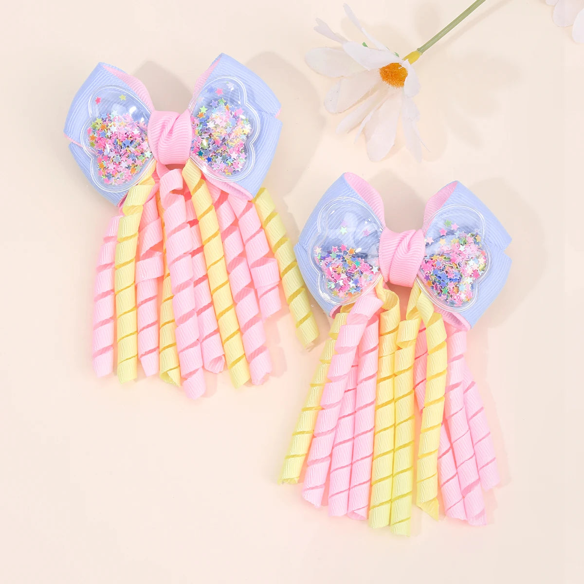 2Pcs Girls Mermaid Bow Hair Clips Cute Cartoon Mermaid Pearls Hairpins Octopus Curled Grosgrain Ribbon Barrette Hair Accessories