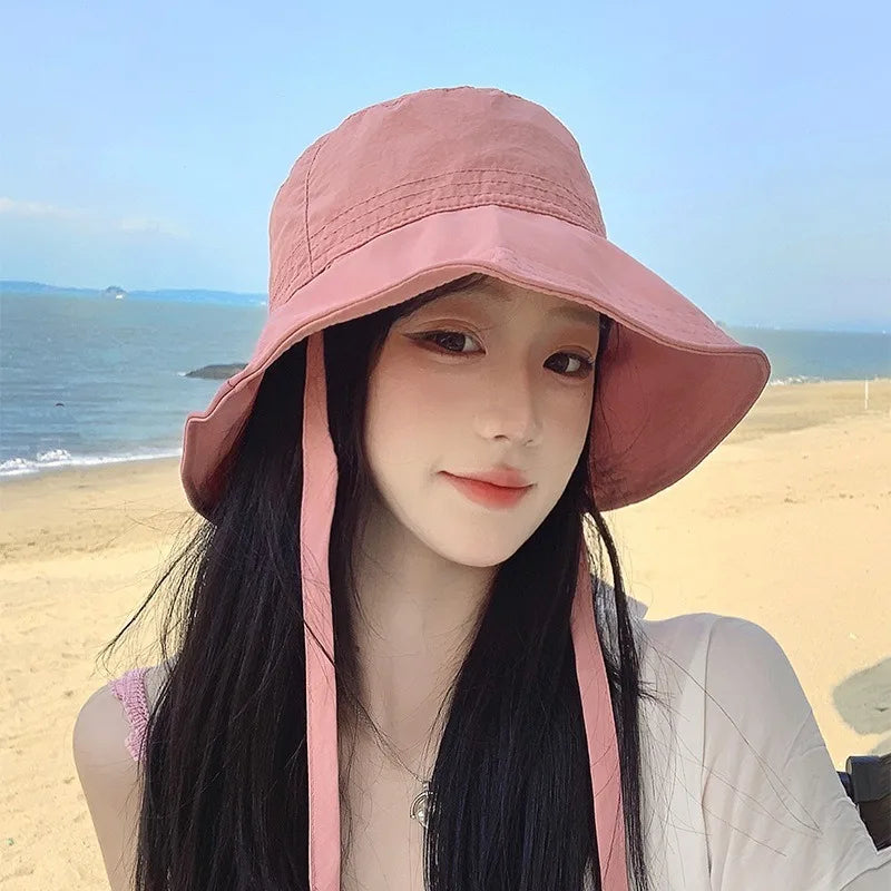 Women Lace-up Bowknot Sunscreen Fisherman Hat Large Brim Summer Anti-UV Strap Bucket Caps Korean Girl Travel Beach Basin Caps