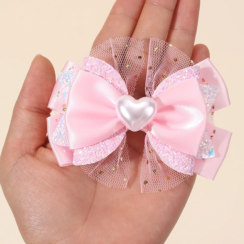 2Pcs Trendy Chiffon Bow Hair Clips For Girls Mesh Dot Hairpins Glitter Three-Tier Bownot Barrette Children Headwear Accessories