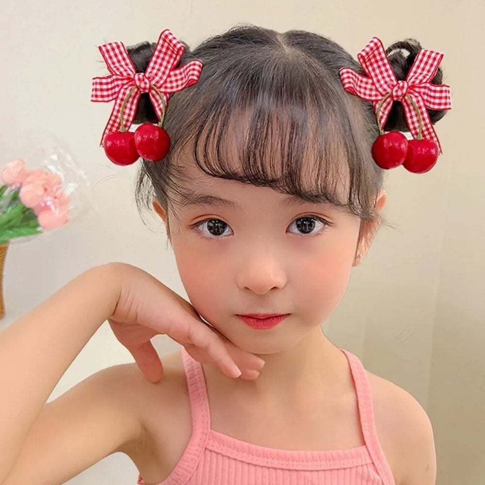 1pair Cute Red Cherry Hair Clip Cloth Bow Headflower Strawberry Side Hairpins Barrettes Headwear Bow Hairpins Girls