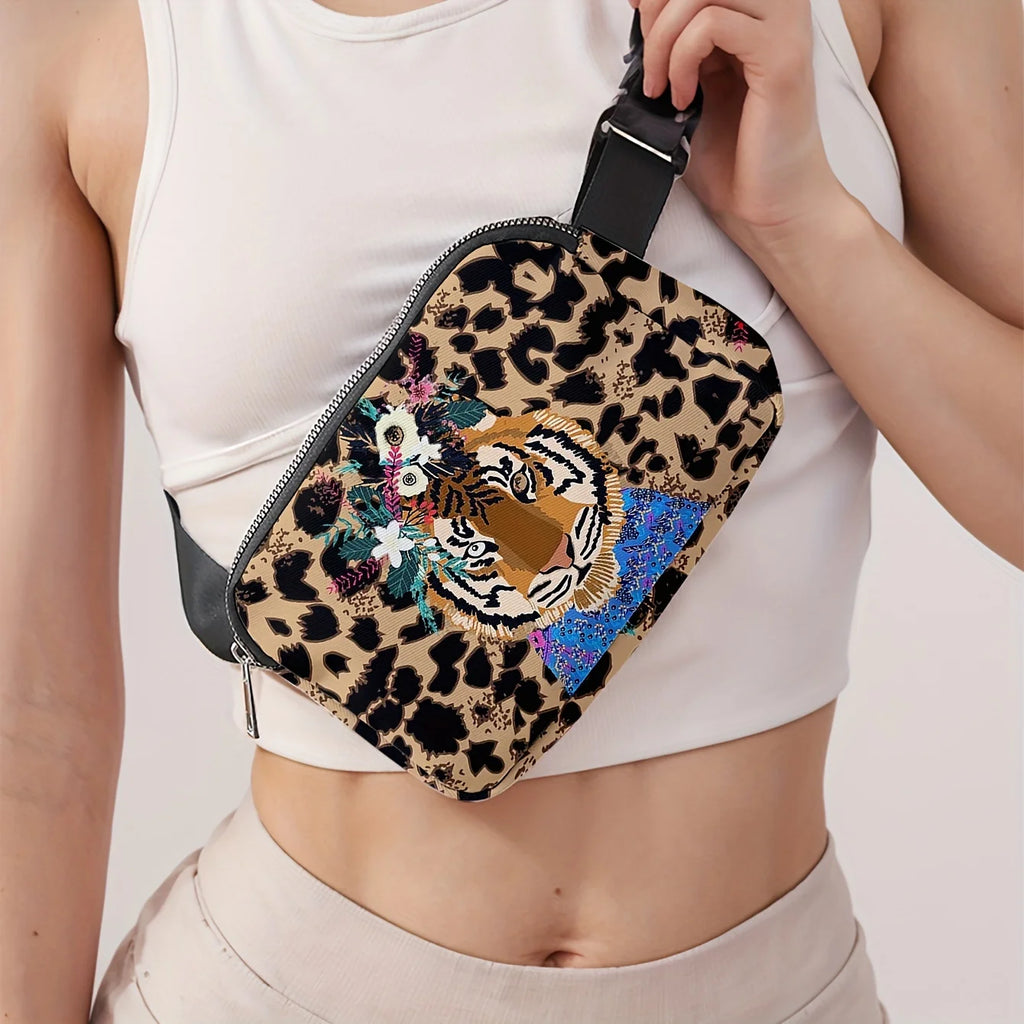 1pc, tiger pattern printed fashionable adjustable crossbody bag, a neutral sports waist bag suitable for running