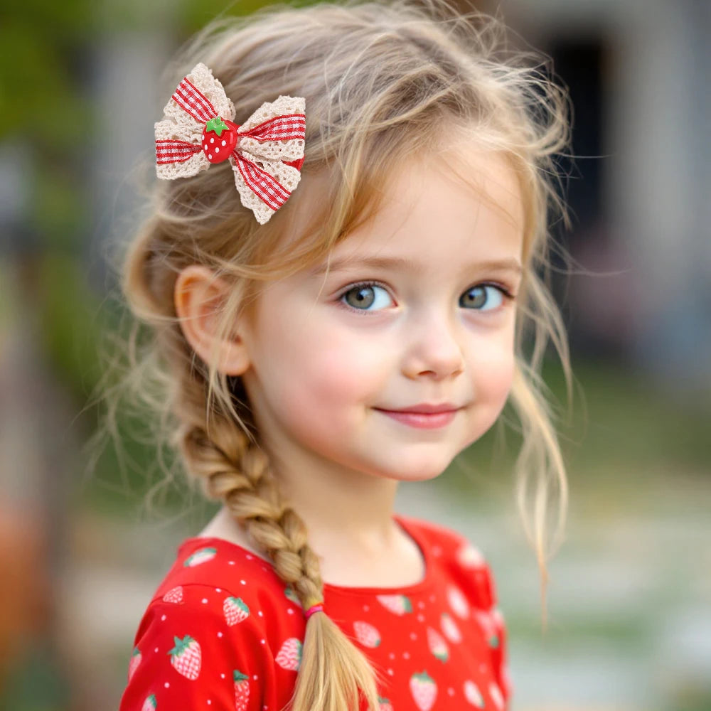 2Pcs Retro Strawberry Bow Hair Clips For Girls Sweet Lace-trim Plaid Hairpins Children Daily Korean Headwear Hair Accessories party holiday pretty hair