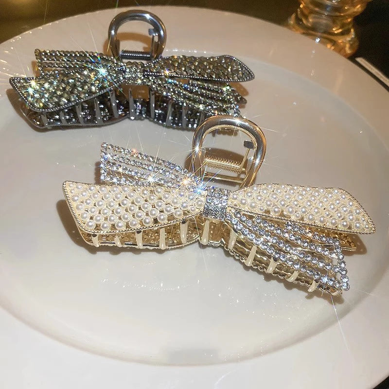 Women's Hair Claw Clip  Pearl Rhinestone Bow Shiny Metal For Girls ladies very pretty