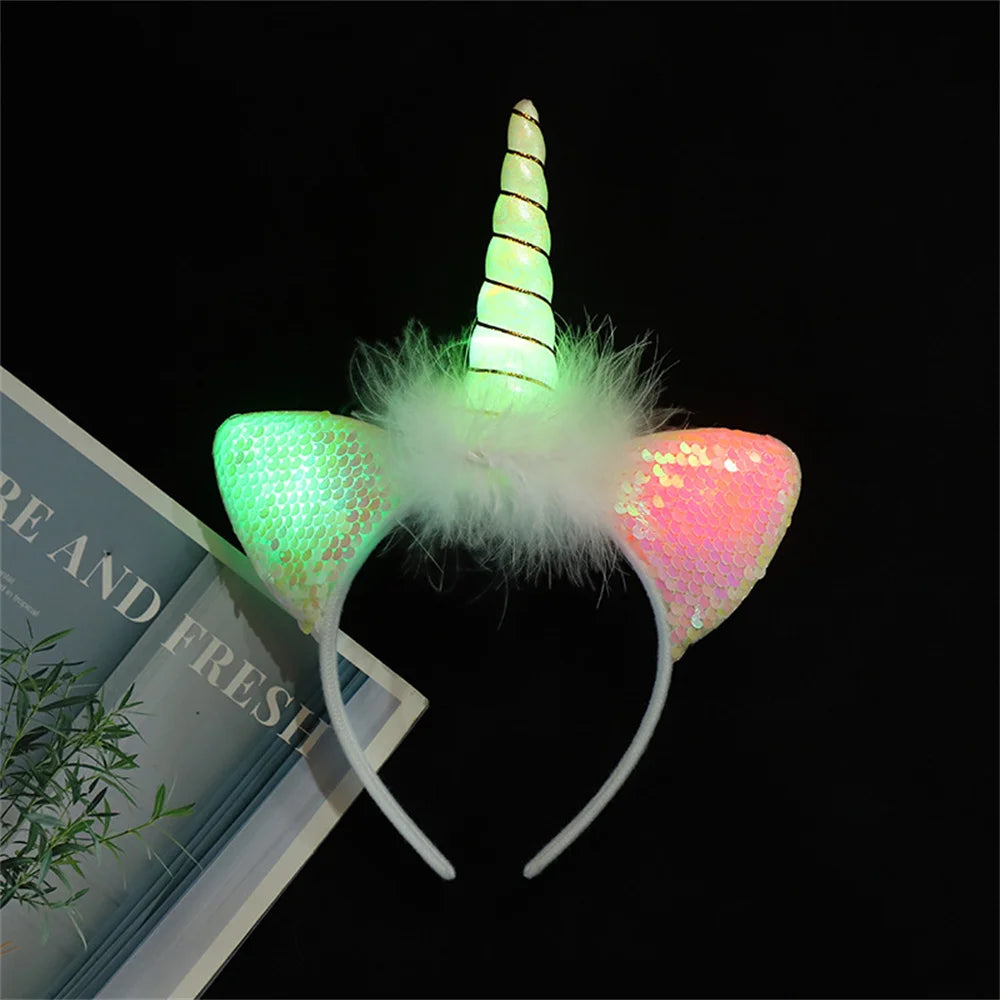 Led Light Unicorn Headband Kids Girl Birthday Cartoon Headwear Hair Accessories Rainbow Unicorn Theme Party Decoration Suppliese