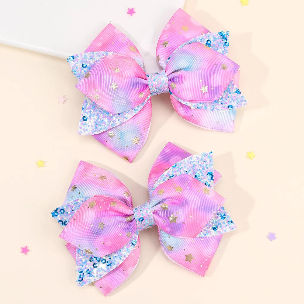 2Pcs Rainbow Star Hair Clips Sweet Glitter Sequin Hairpins New Ribbon Barrette For Girls Children Headwear Hair Accessories Gift party girls