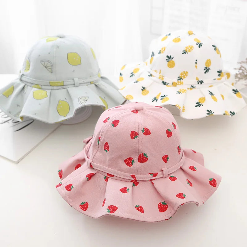 Summer Baby Girl Hat Cotton Fruit Kids Bucket Hats Sun Protection Bowknot Princess Children Cap for Girls Beach Travel 1-2 year old