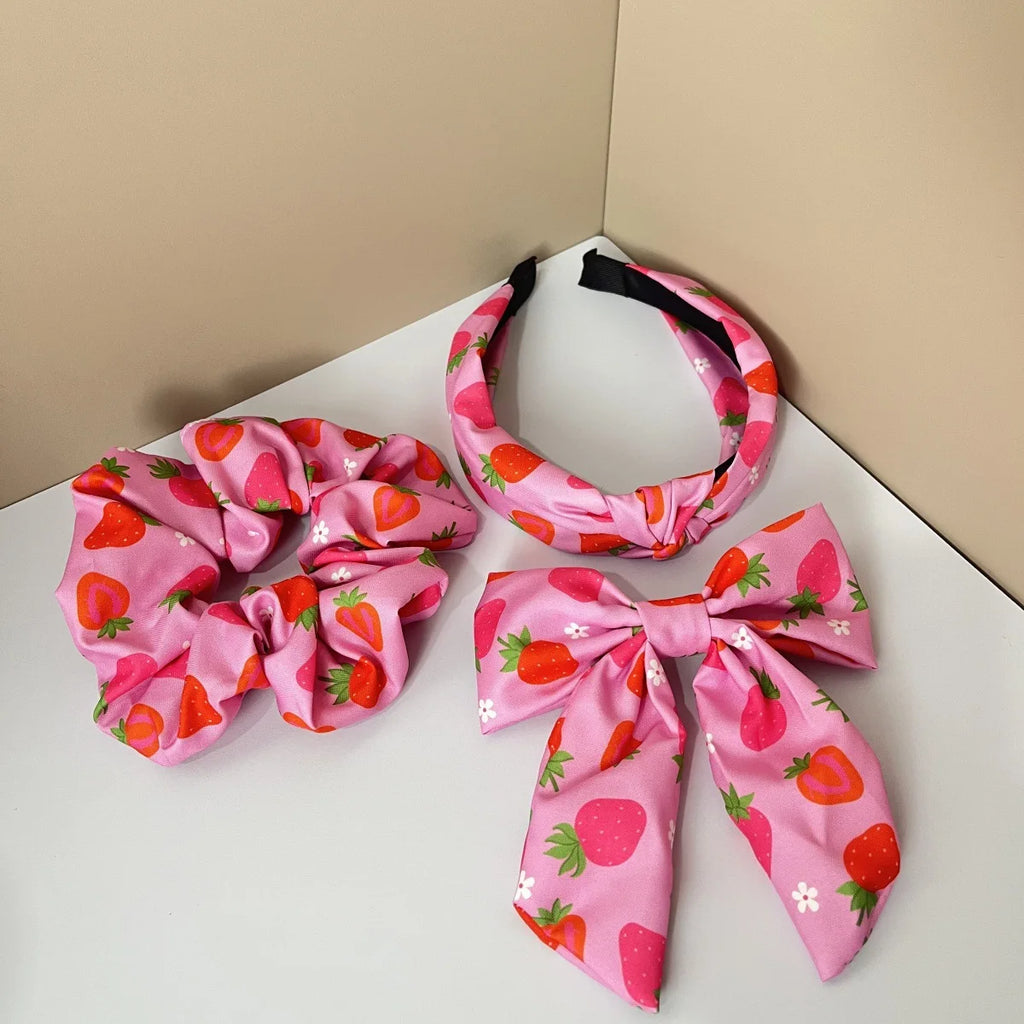 3PCS Fabric Solid Color Flower Fruit Pattern Lemon Orange Cherry Wide Knot Hairband Hair Accessories Set