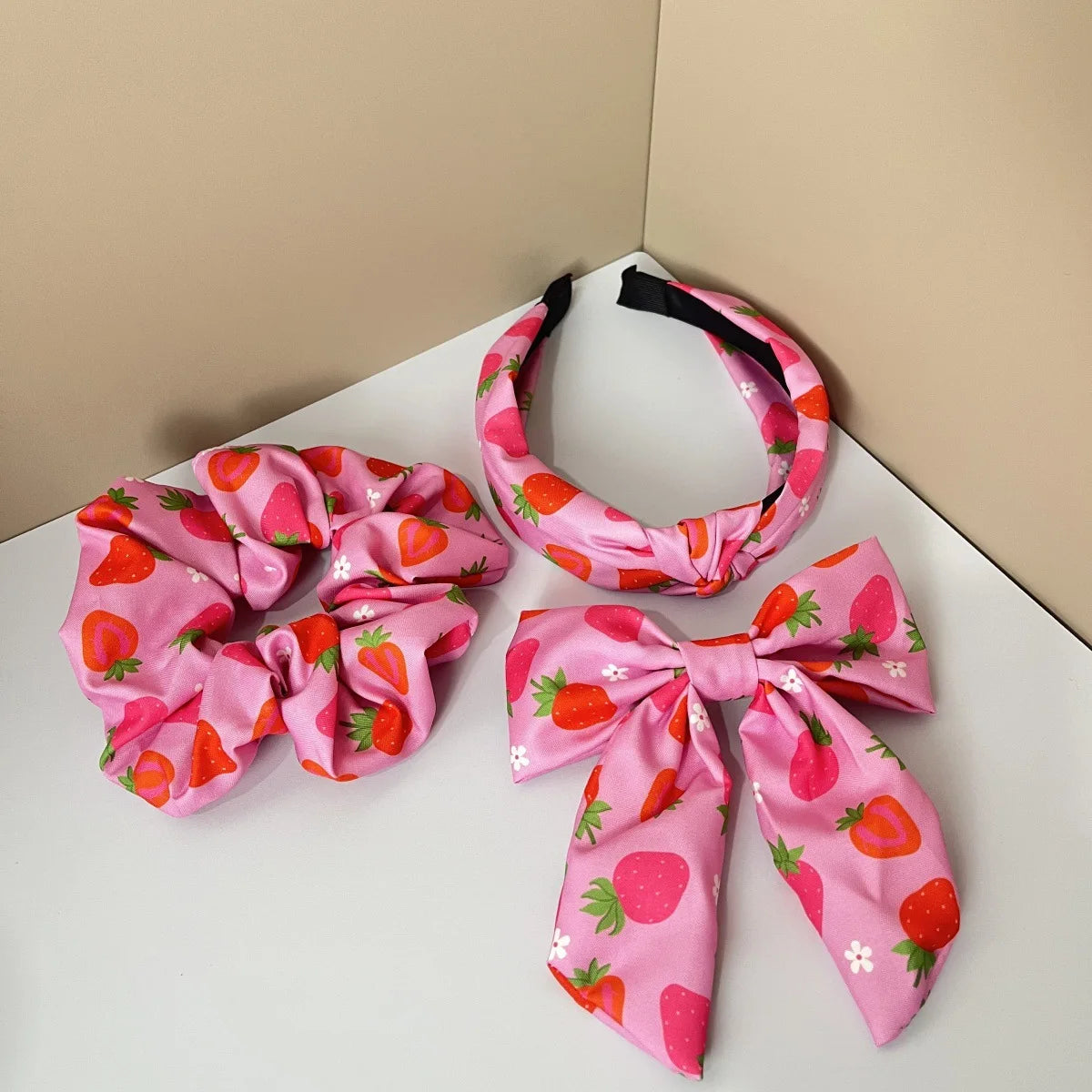 3PCS Fabric Solid Color Flower Fruit Pattern Lemon Orange Cherry Wide Knot Hairband Hair Accessories Set