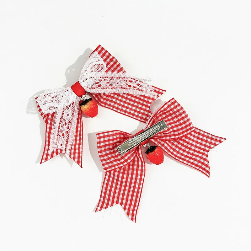 Red Bow Hair Clips Fashion Plaid Stripes Hairpins Strawberry Cherry Barrettes Sweet Lace Headwear Princess Kids Hair Accessories