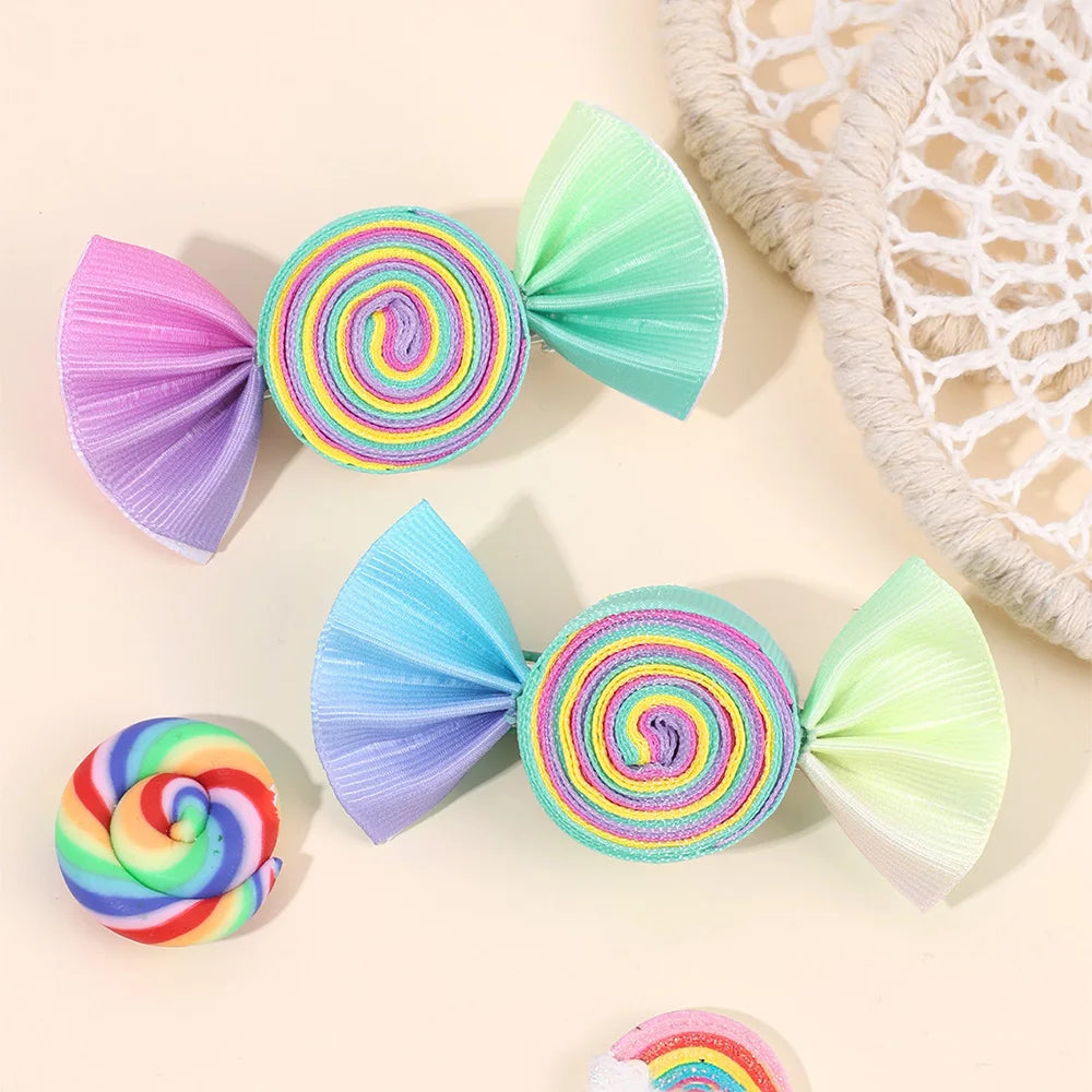 2Pcs Candy Bow Hair Clips Sweet Strawberry Heart Print Hairpins Rainbow Barrette For Girls Kids Children Headwear Accessories