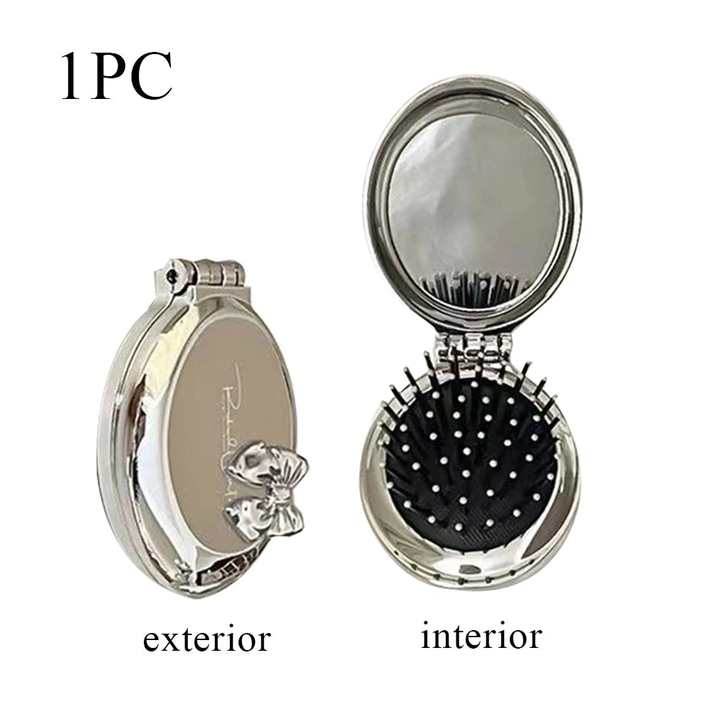 Folding hair brush compact mirror