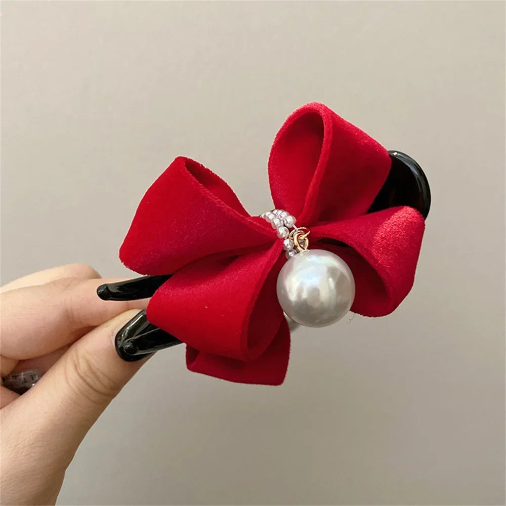 Pearl Bow Ponytail Holder Sweet Plush Hair Claw Korean Fashion Hairgrips Elegant Soft Solid Hair Clip for Girls Hairpin Headwear