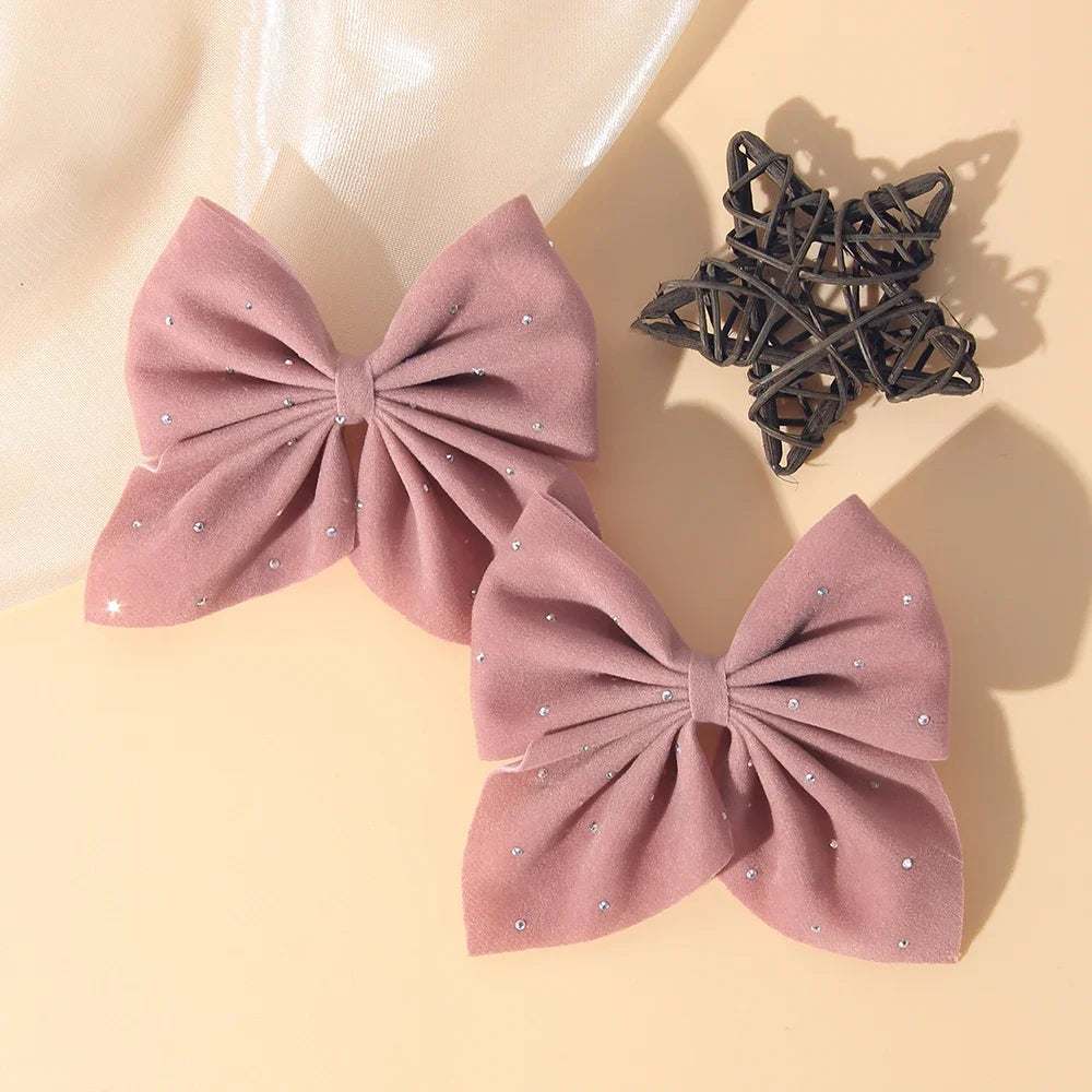 2PCS/Set Girl's Favorite Cute Bow Hair Clip Diamond Embellished Velvet Solid Color Bow Alloy Safe Hair Accessory Kids Gift