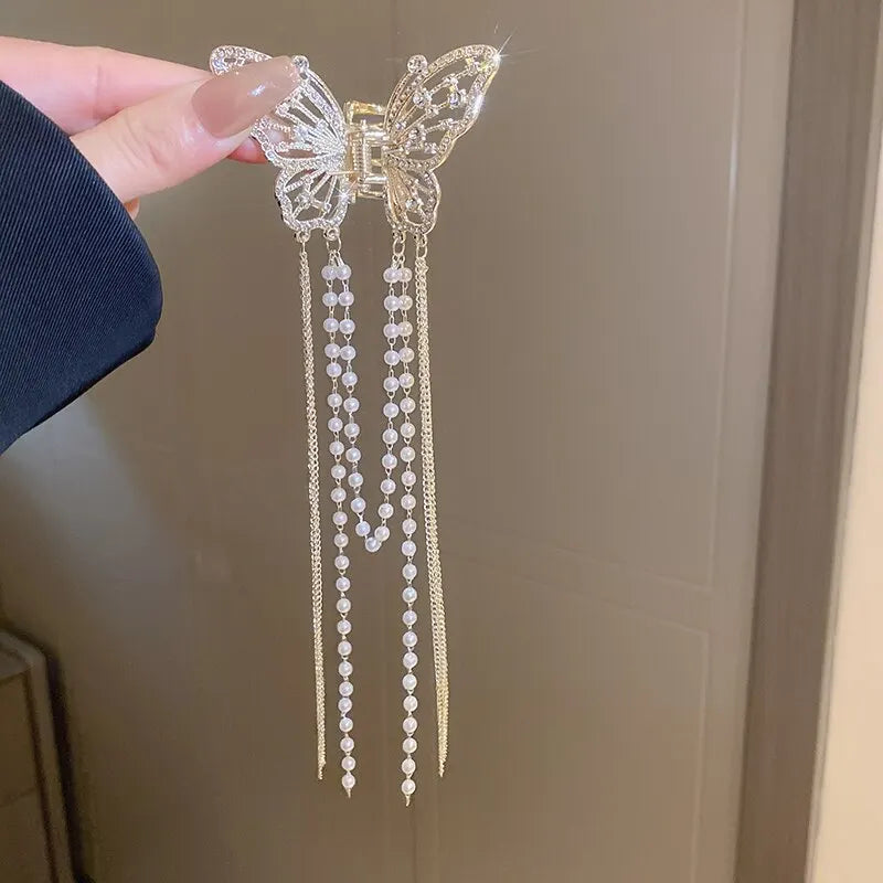 Butterfly Hair Clip With Long Tassel Hair Accessories For Women Elegant Imitation Pearl Rhinestone Shark Hairpins Jewelry K-