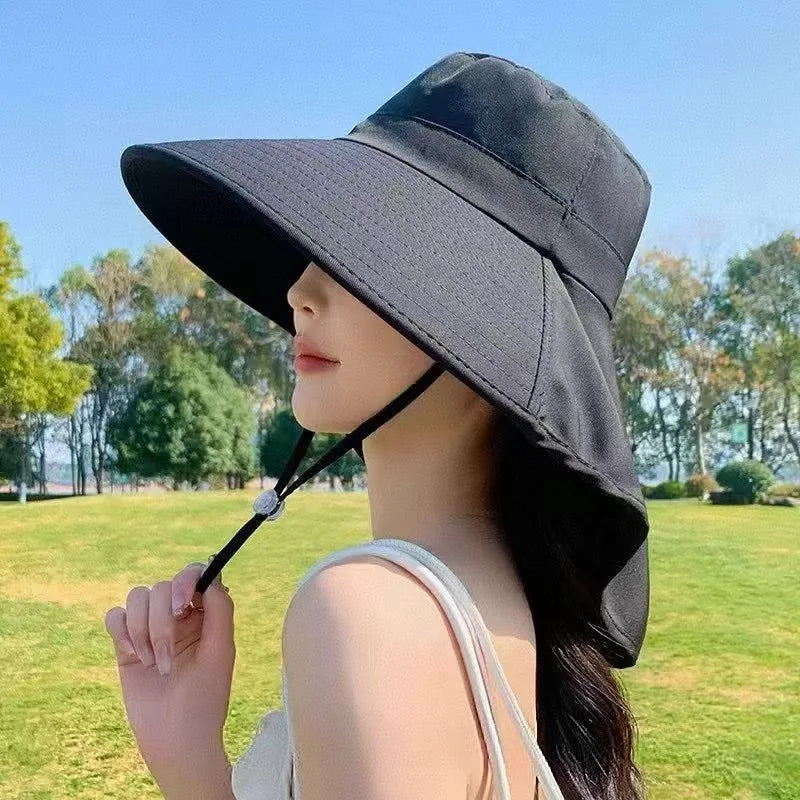 Women Large Brim UV Protection Sun Hat Summer Fiing Cap Breathable Outdoor Fishing Hiking Wide Brim Shawl Sunscreen Ponytail Cap