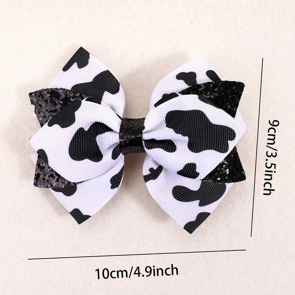 2Pcs Cow Print Bow Hair Clip Sweet Cute Dot Bownot Glittering Hairpin For Kid Girls Children's School Daily Headwear Accessories