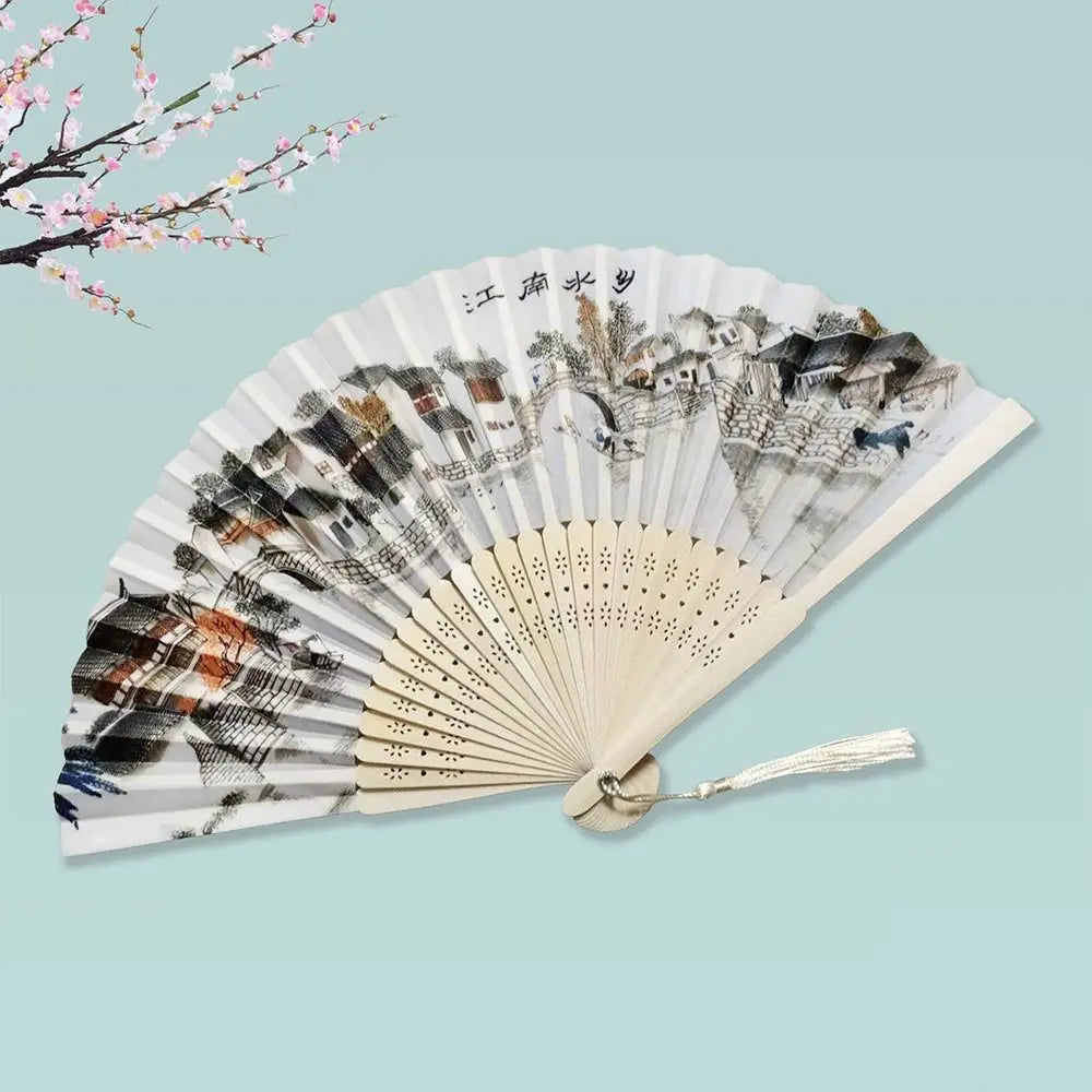 2024 Silk Vintage Folding Fan Colorful Tassel Elegent Hand Fan Hand Fan Bamboo Shank Classical Dance Fan Female
