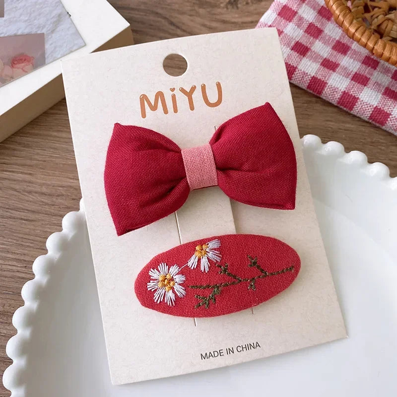 2pcs Red Colour Girl Hair Clip Christmas summer spring Bow Floral Children's Clip Sweet Hair Accessories